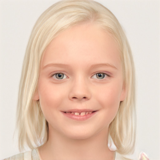 Joyful white child female with medium  blond hair and blue eyes