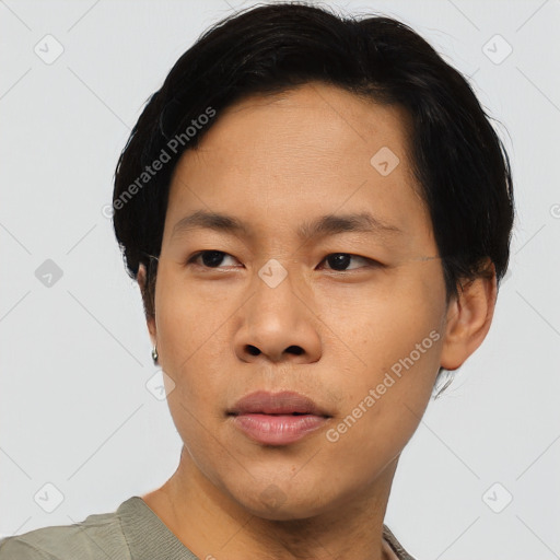 Neutral asian young-adult male with short  black hair and brown eyes