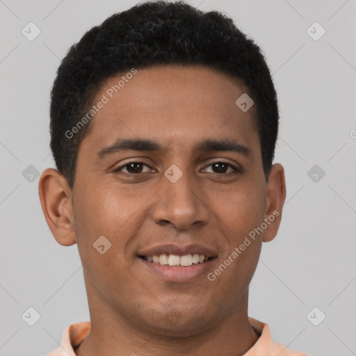 Joyful latino young-adult male with short  brown hair and brown eyes