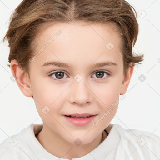 Joyful white child female with short  brown hair and brown eyes