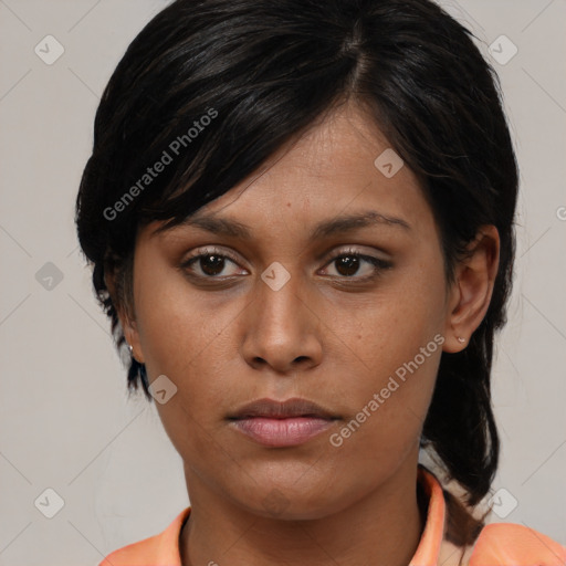 Neutral asian young-adult female with medium  brown hair and brown eyes