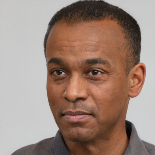 Neutral black adult male with short  black hair and brown eyes