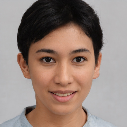 Joyful asian young-adult female with short  brown hair and brown eyes