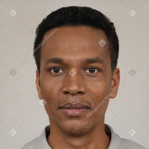 Neutral black young-adult male with short  black hair and brown eyes