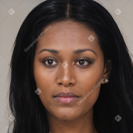 Joyful asian young-adult female with long  black hair and brown eyes