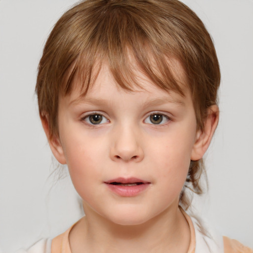 Neutral white child female with medium  brown hair and grey eyes