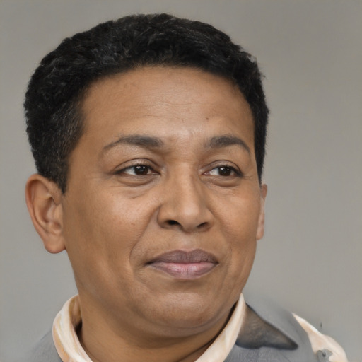 Joyful latino adult male with short  brown hair and brown eyes