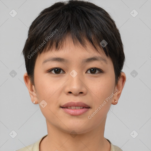 Joyful asian young-adult female with short  brown hair and brown eyes