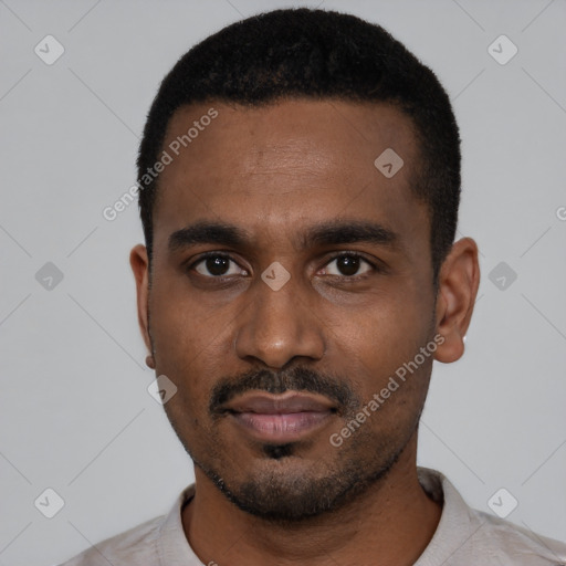 Neutral black young-adult male with short  black hair and brown eyes