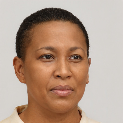 Neutral black adult female with short  brown hair and brown eyes