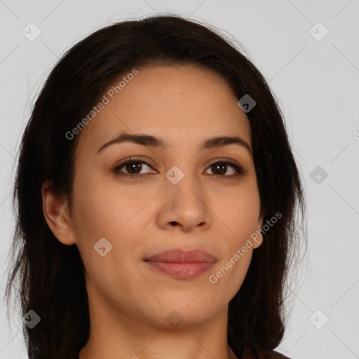 Joyful white young-adult female with long  brown hair and brown eyes