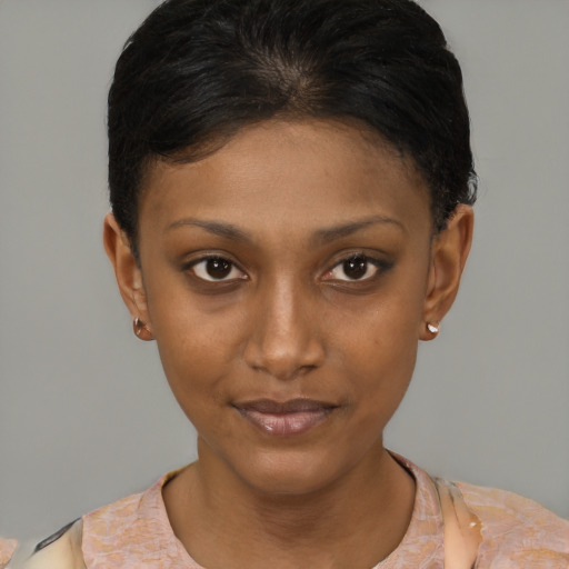 Neutral latino young-adult female with short  brown hair and brown eyes