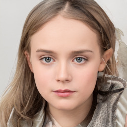 Neutral white child female with medium  brown hair and grey eyes