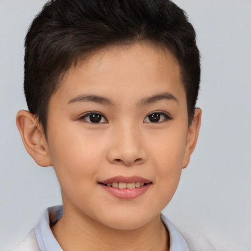 Joyful asian child female with short  brown hair and brown eyes