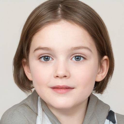 Neutral white child female with medium  brown hair and blue eyes