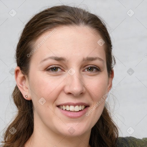 Joyful white young-adult female with long  brown hair and grey eyes