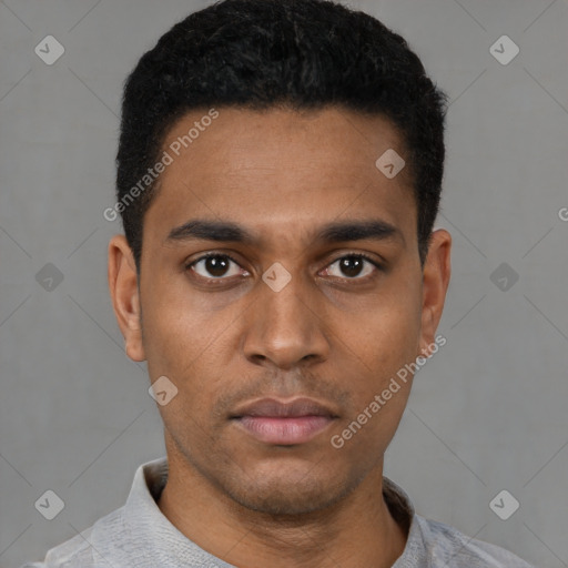 Neutral latino young-adult male with short  black hair and brown eyes