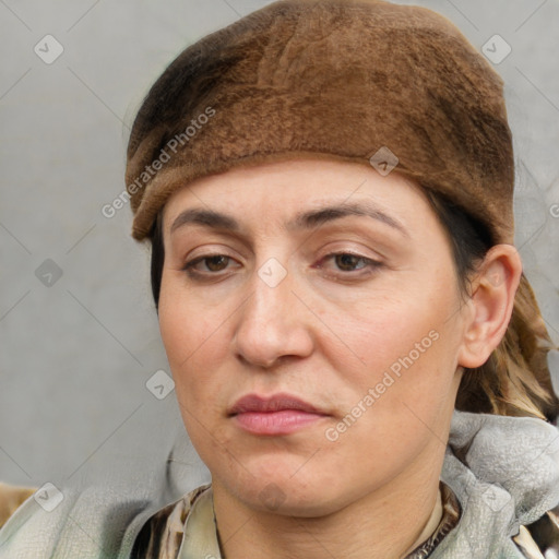 Joyful white adult female with short  brown hair and grey eyes