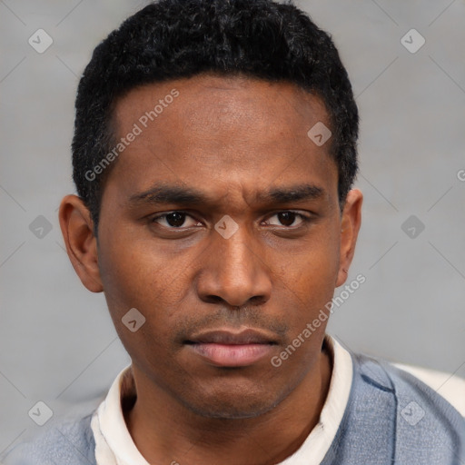 Neutral latino young-adult male with short  black hair and brown eyes