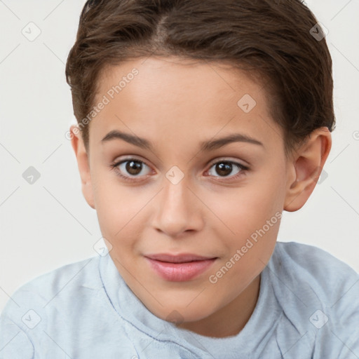 Joyful white child female with short  brown hair and brown eyes