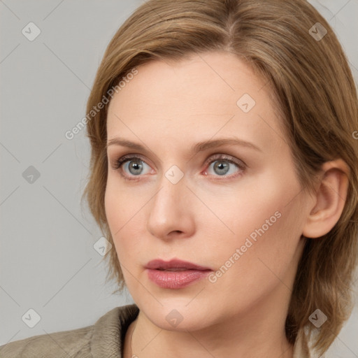 Neutral white young-adult female with medium  brown hair and blue eyes