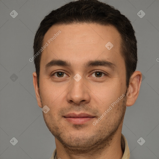 Joyful white young-adult male with short  brown hair and brown eyes