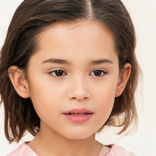 Joyful white child female with medium  brown hair and brown eyes