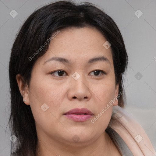 Joyful white adult female with medium  brown hair and brown eyes