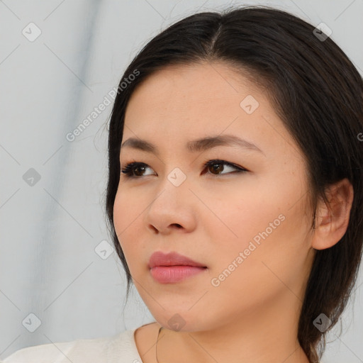 Neutral asian young-adult female with medium  brown hair and brown eyes