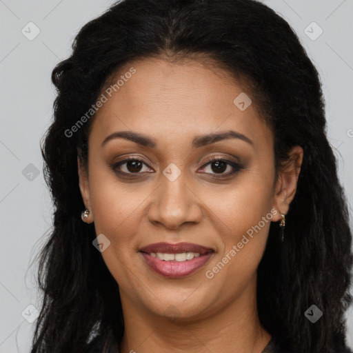 Joyful latino young-adult female with long  brown hair and brown eyes