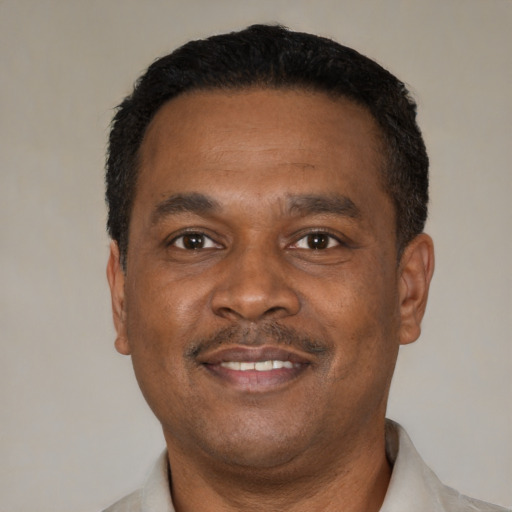 Joyful black adult male with short  black hair and brown eyes