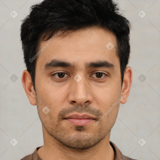 Neutral asian young-adult male with short  black hair and brown eyes