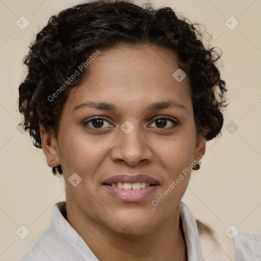 Joyful latino young-adult female with short  brown hair and brown eyes