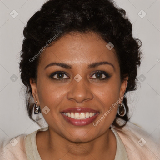 Joyful black young-adult female with medium  brown hair and brown eyes