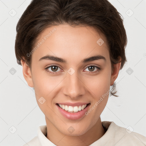 Joyful white young-adult female with short  brown hair and brown eyes