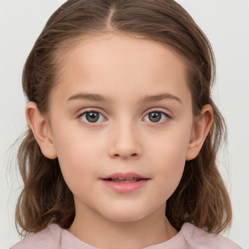 Neutral white child female with medium  brown hair and grey eyes