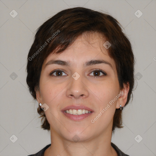 Joyful white young-adult female with medium  brown hair and brown eyes