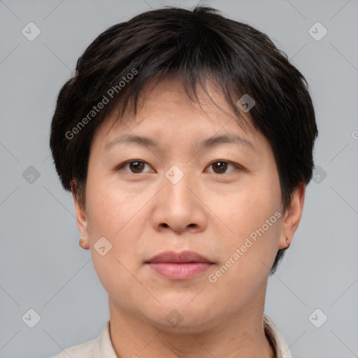 Neutral asian adult female with short  brown hair and brown eyes