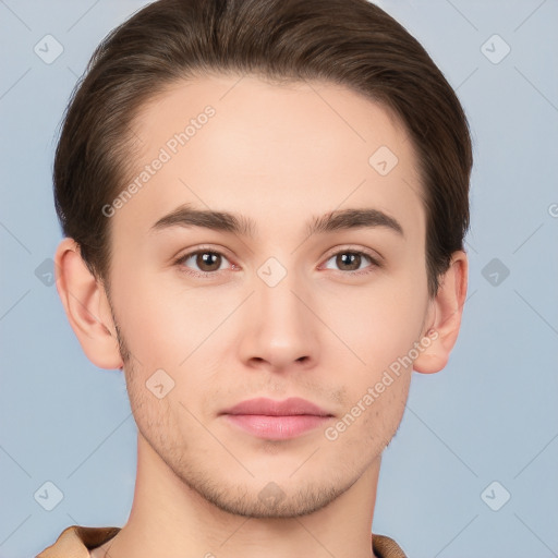 Neutral white young-adult male with short  brown hair and brown eyes