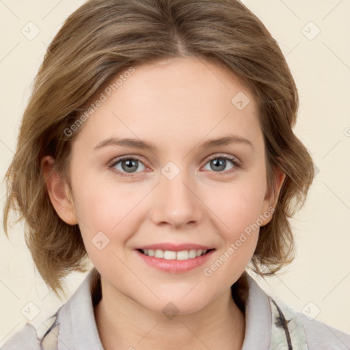 Joyful white young-adult female with medium  brown hair and blue eyes