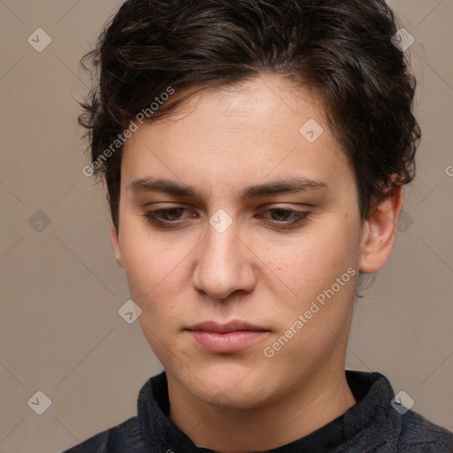 Joyful white young-adult male with medium  brown hair and brown eyes