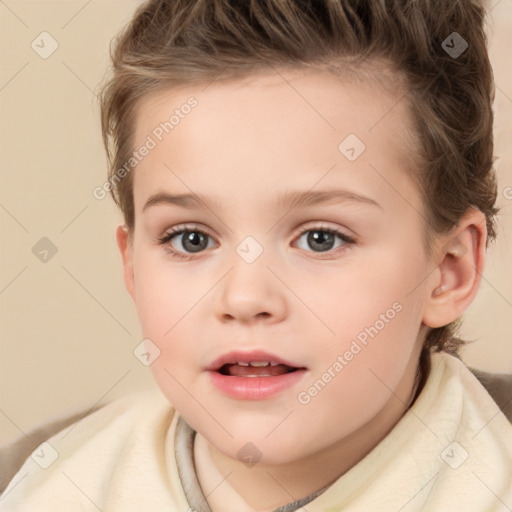 Joyful white child female with short  brown hair and brown eyes