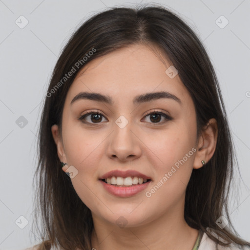 Joyful white young-adult female with medium  brown hair and brown eyes