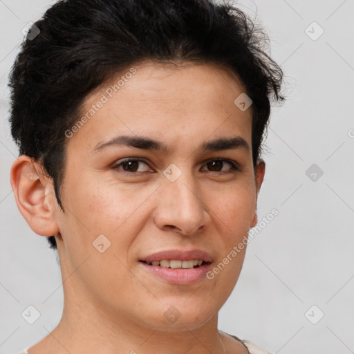 Joyful white young-adult female with short  brown hair and brown eyes