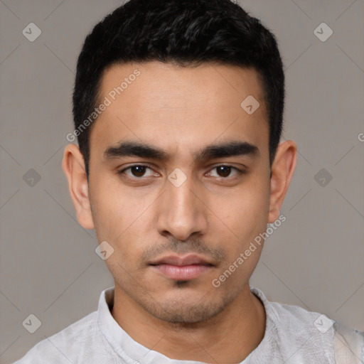 Neutral latino young-adult male with short  black hair and brown eyes