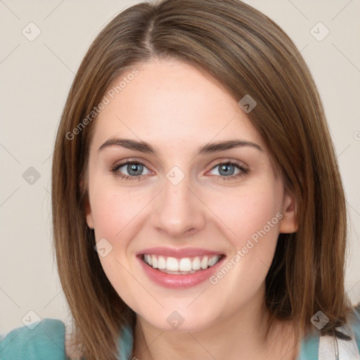 Joyful white young-adult female with medium  brown hair and green eyes