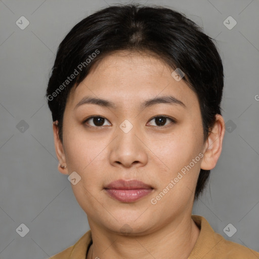 Joyful asian young-adult female with short  brown hair and brown eyes