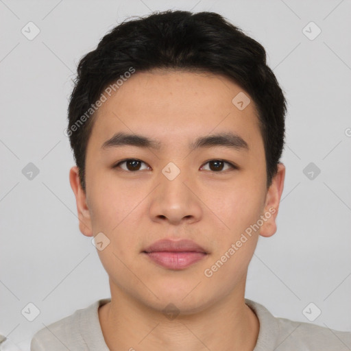 Neutral asian young-adult male with short  black hair and brown eyes