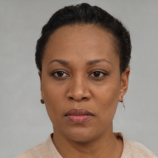 Neutral black adult female with short  black hair and brown eyes