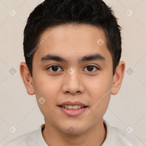 Joyful latino young-adult male with short  brown hair and brown eyes
